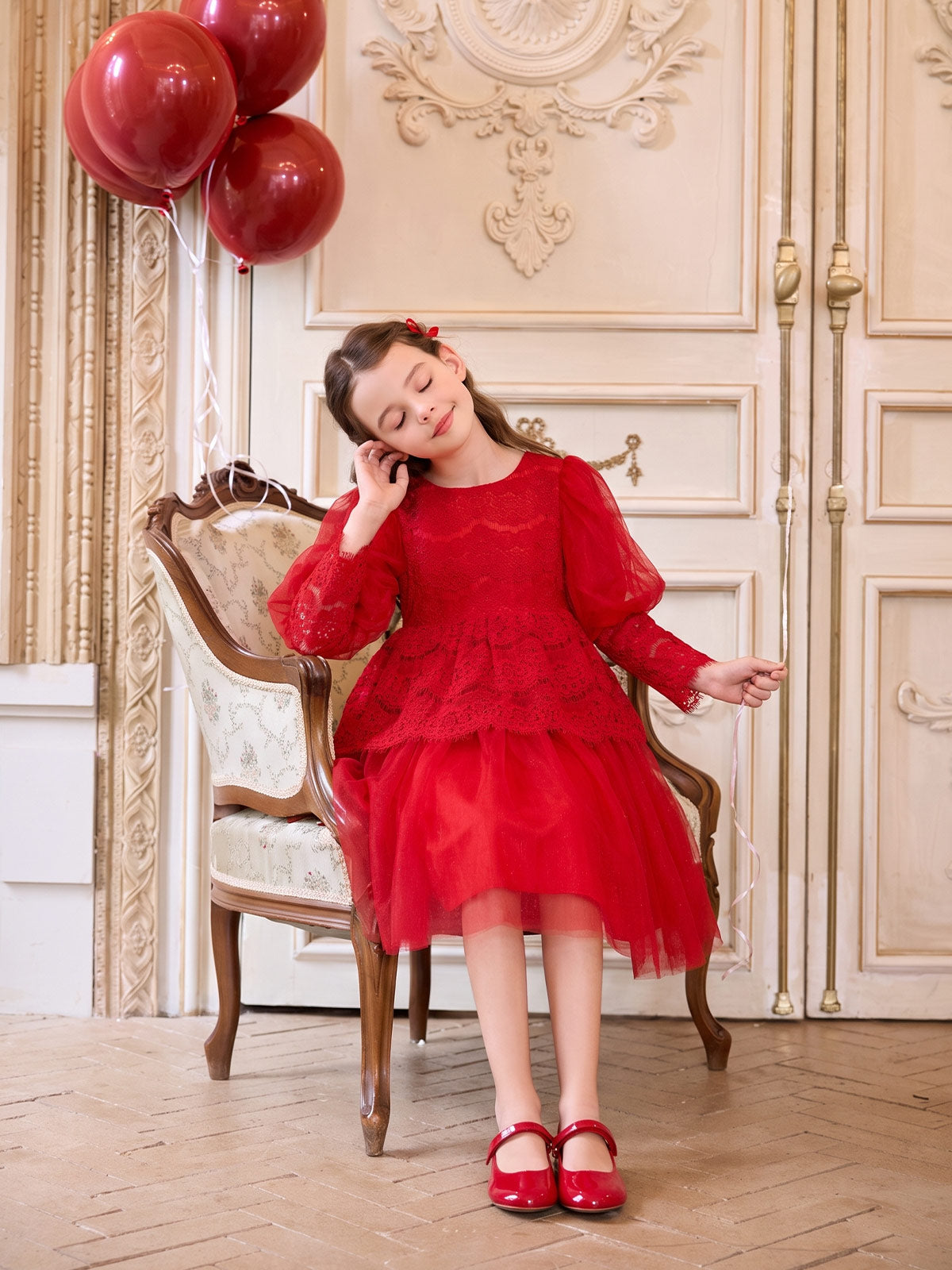 Seated view of the Scarlet Lace Ruffle Tulle Dress