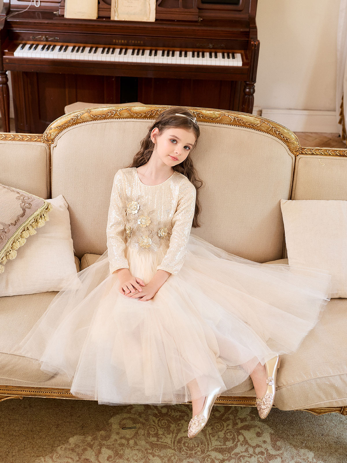 Full-length front view of the Champagne Feather Bloom Tulle Dress