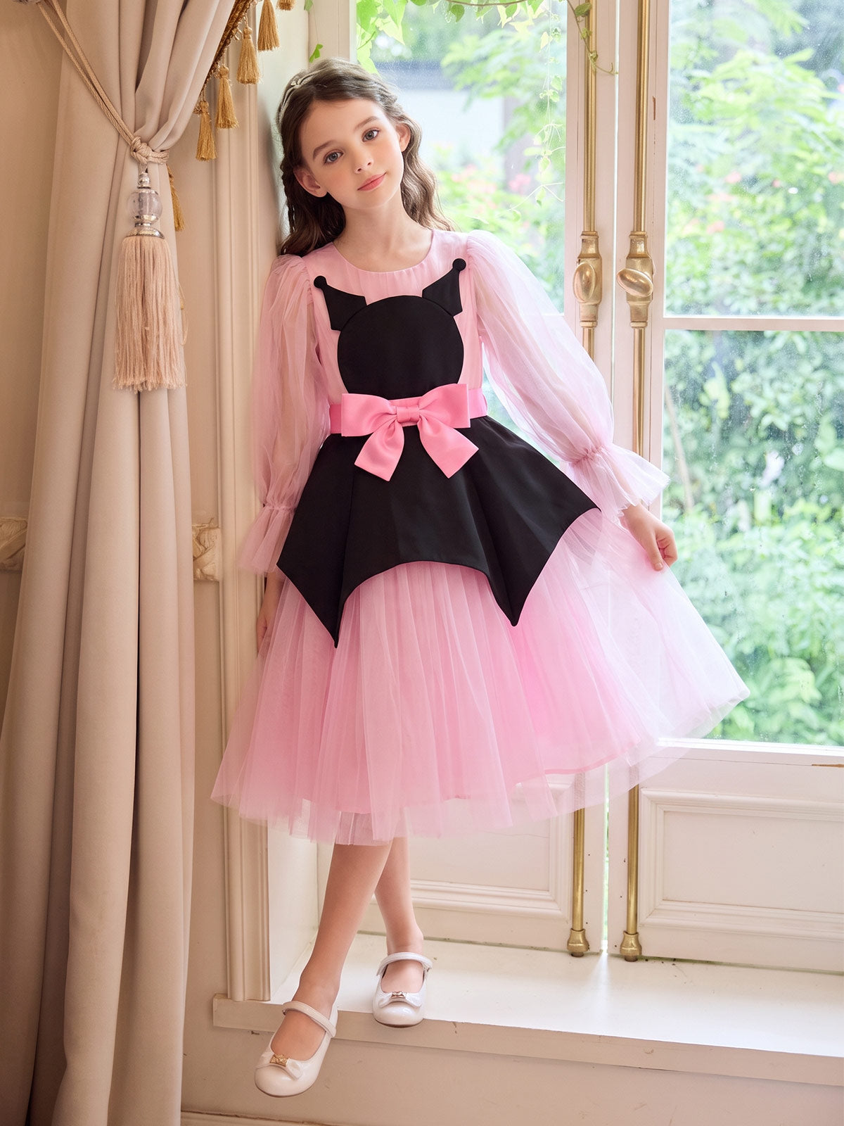 Full-length model view of the Pink Midnight Bow Dress