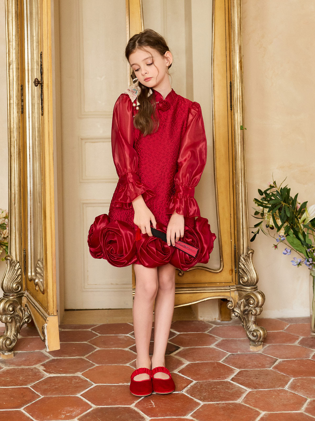 Full-length front view of the Scarlet Rose Jacquard Dress