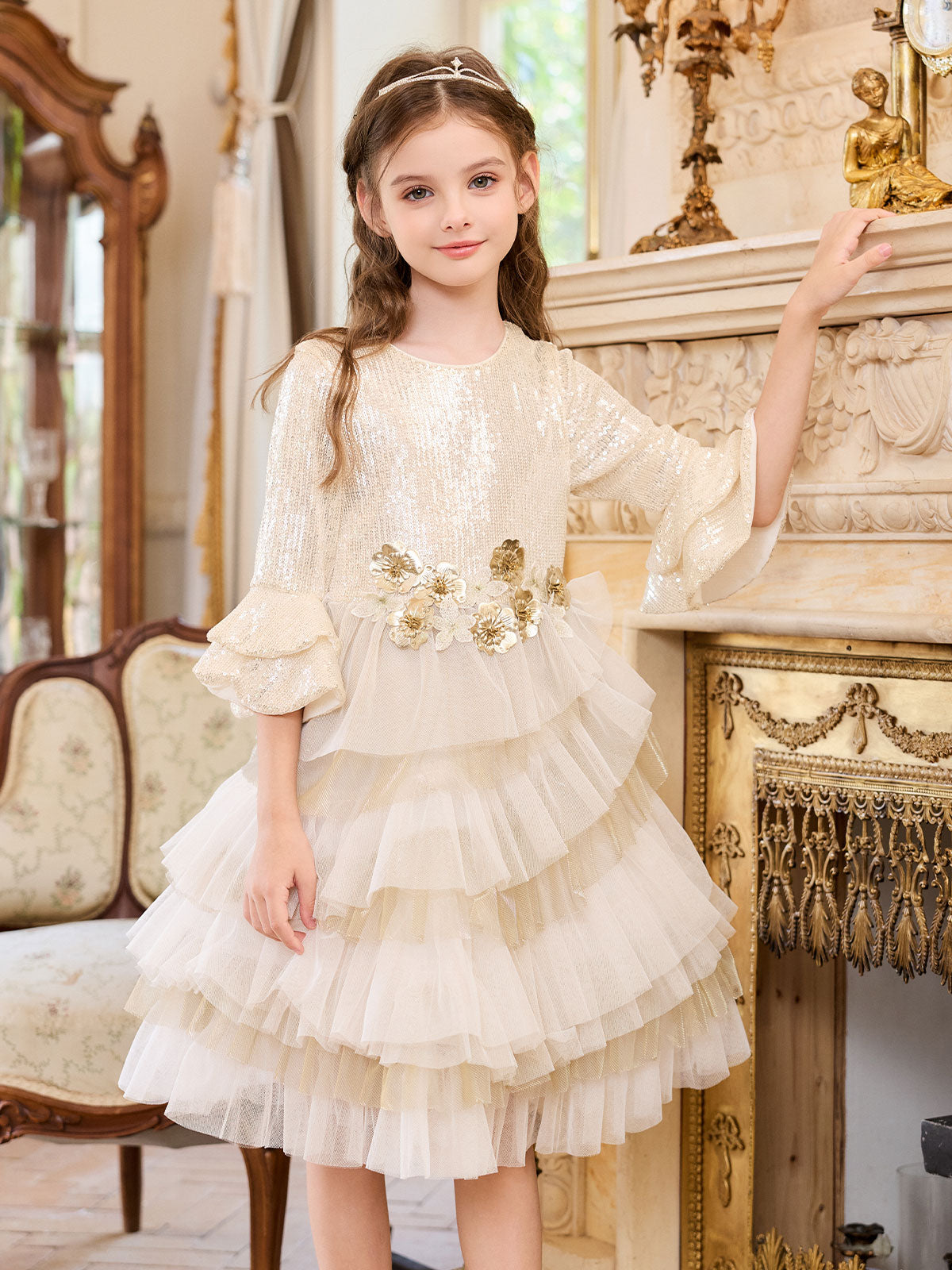Full-length front view of the Champagne Sparkle Floral Tier Dress