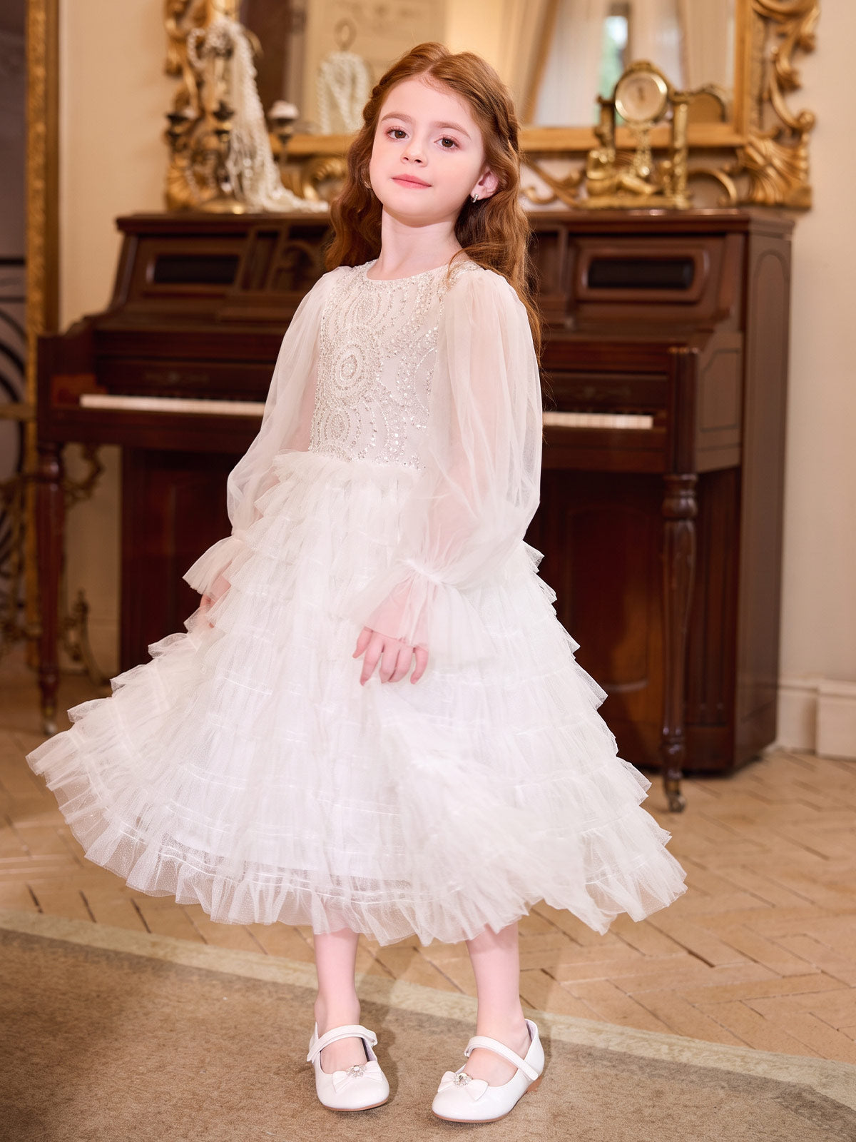 Full-length front view of the Sparkle Tiers flower girl dress