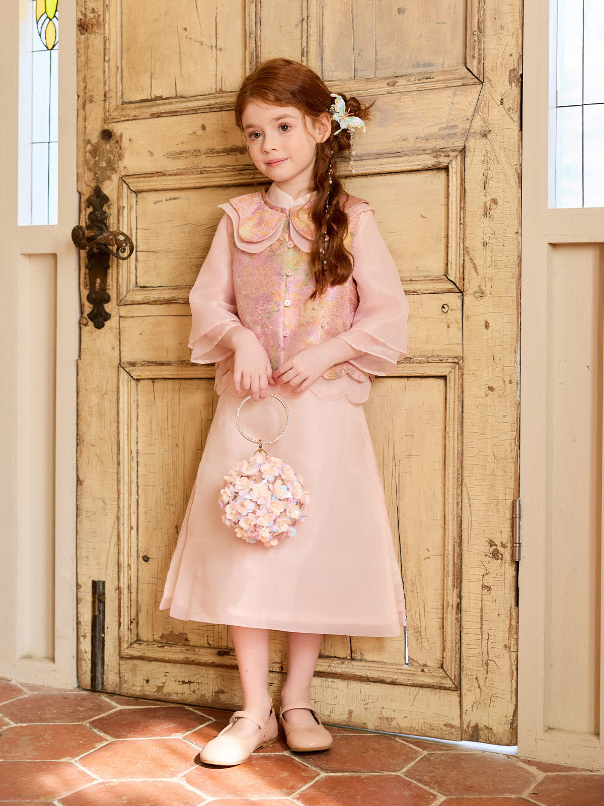 Full-length styling view of the Blush Blossom Brocade Vest Set