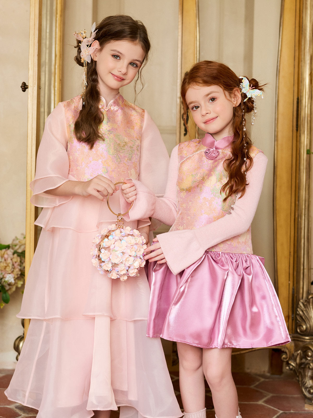 Paired styling view featuring the Lavender Peony Brocade Dress