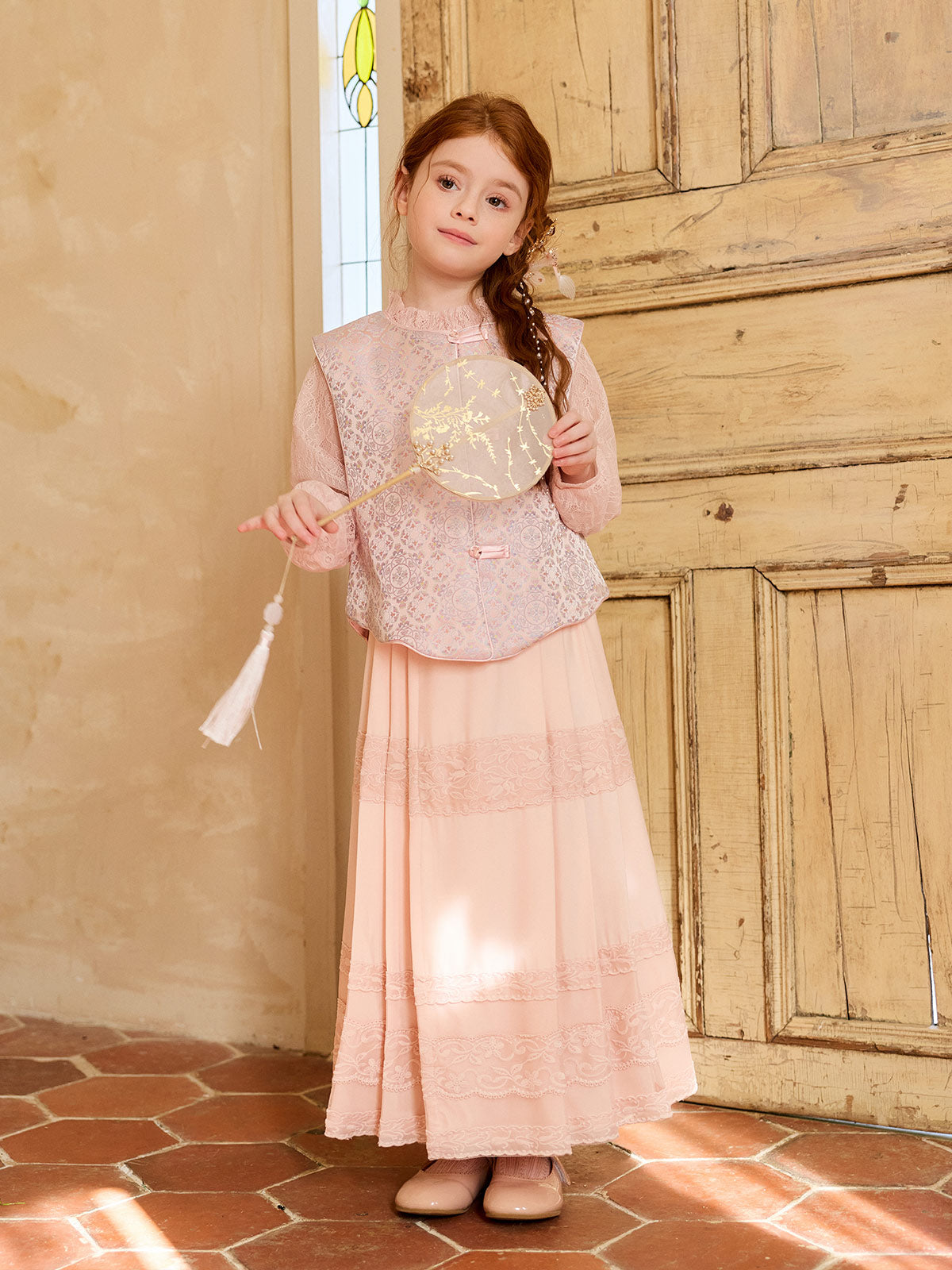 Full-length front view of the Blush Brocade Lace Three-Piece Set