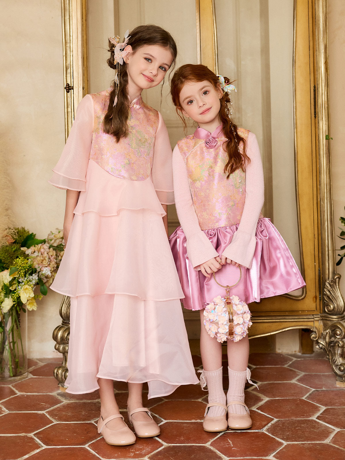 Paired styling view featuring the Blush Blossom Tiered Organza Dress