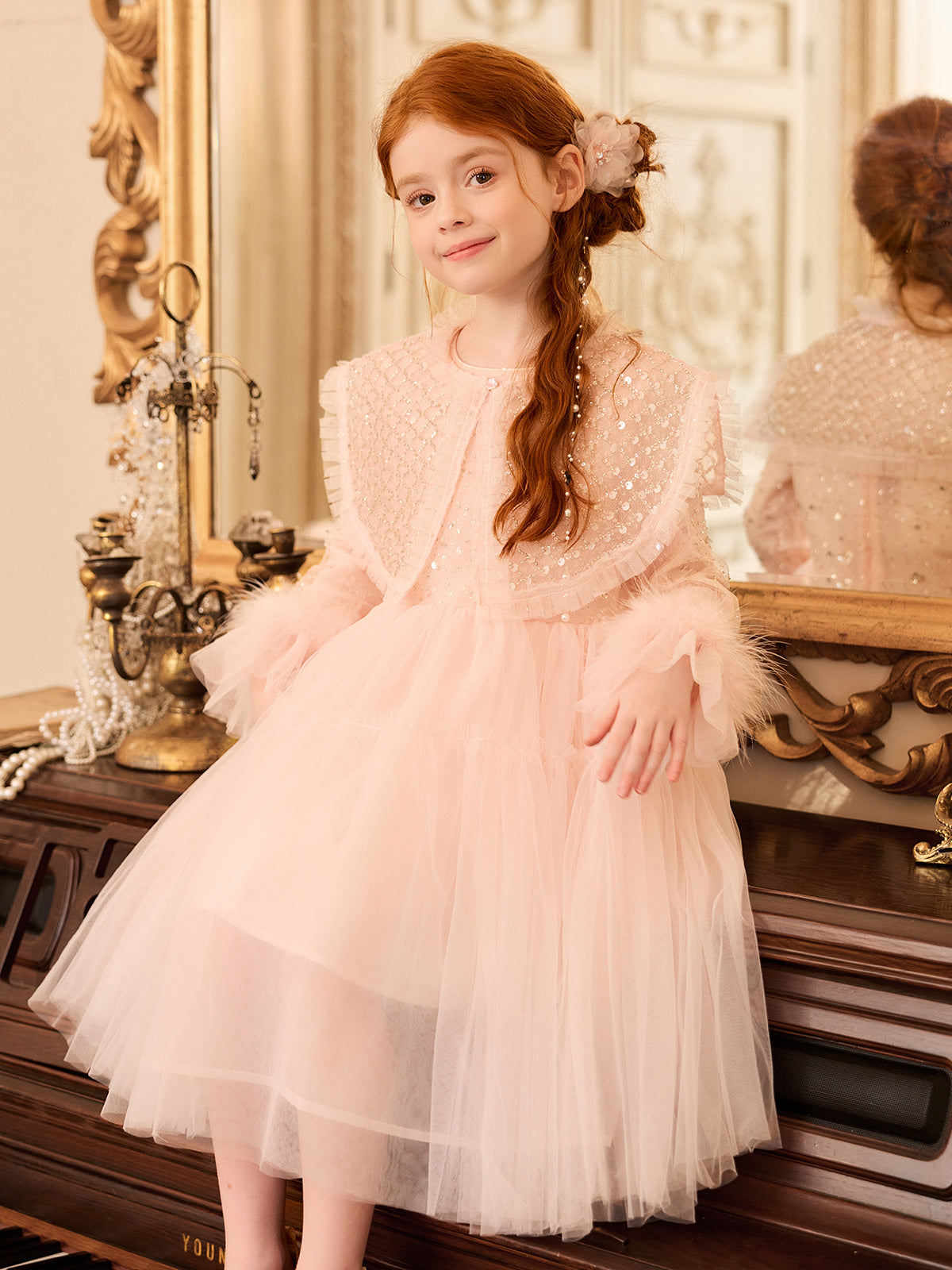 Full-length front view of the Blush Sequin Cape Tulle Dress