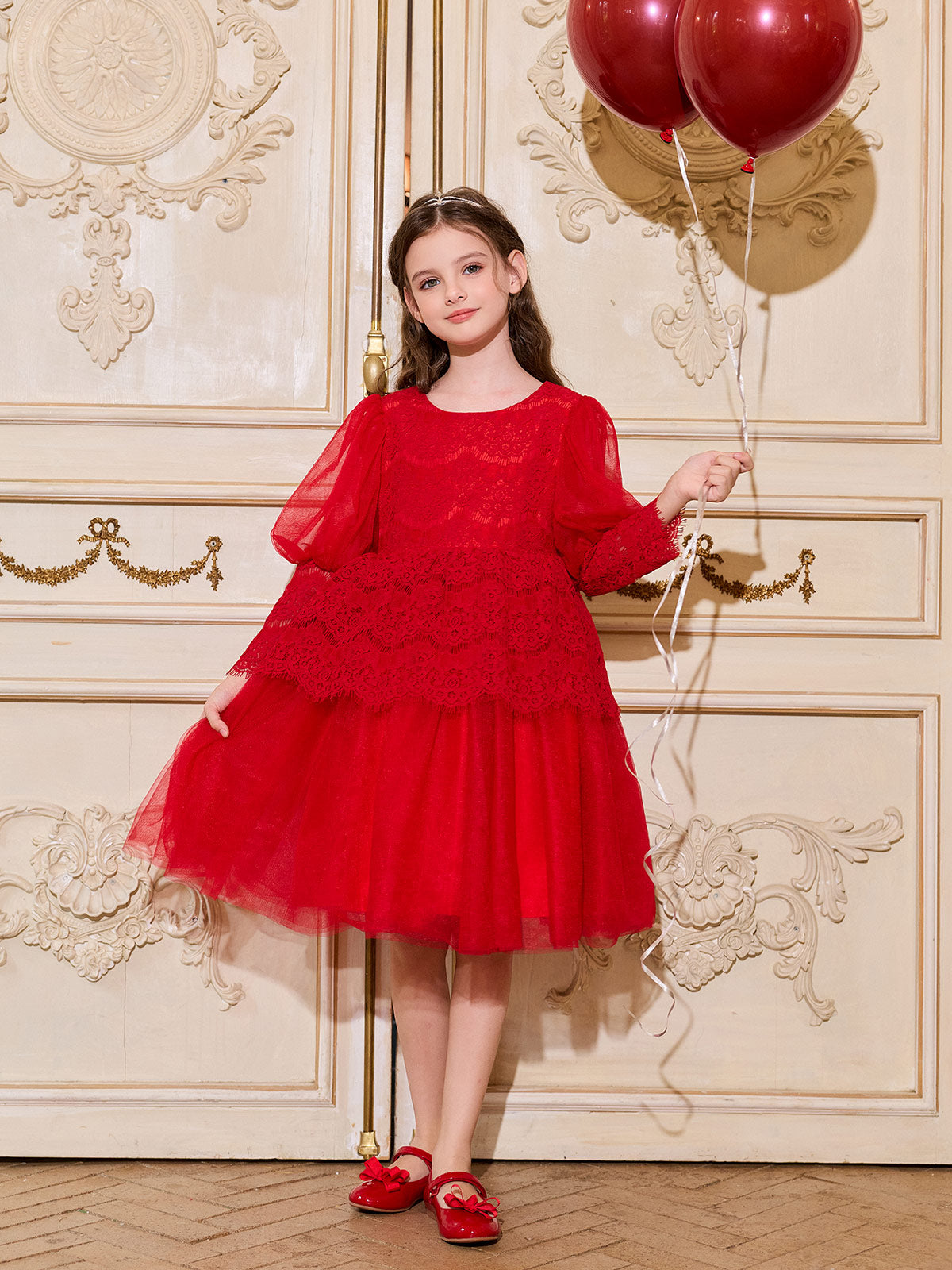 Full-length front view of the Scarlet Lace Ruffle Tulle Dress