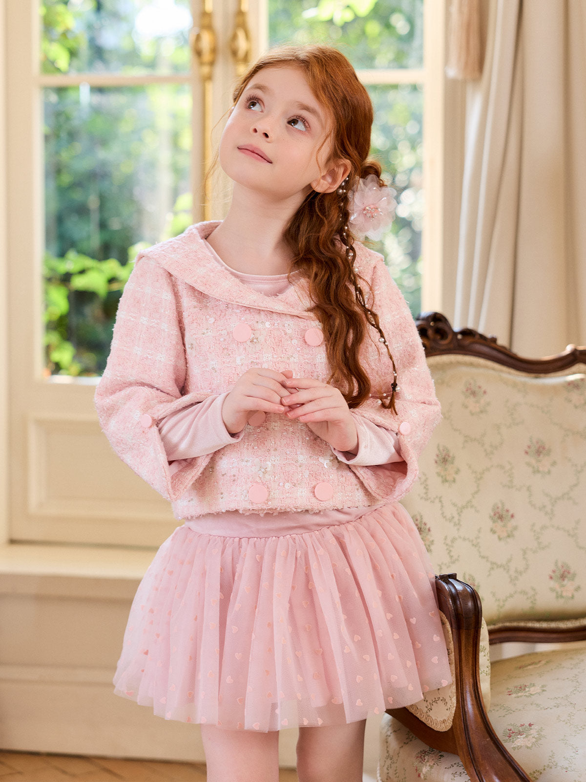 Pink textured jacket styled over the Blush Velvet Heart Tulle Dress