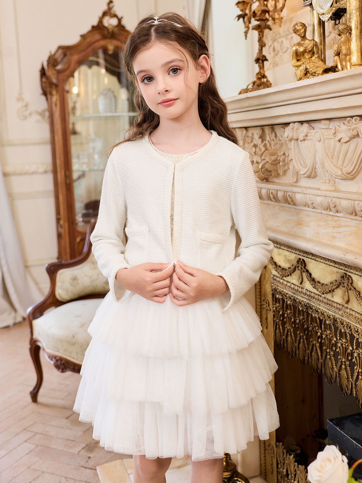 Cardigan styling view of the Ivory Plaid Veil Tulle Dress Set