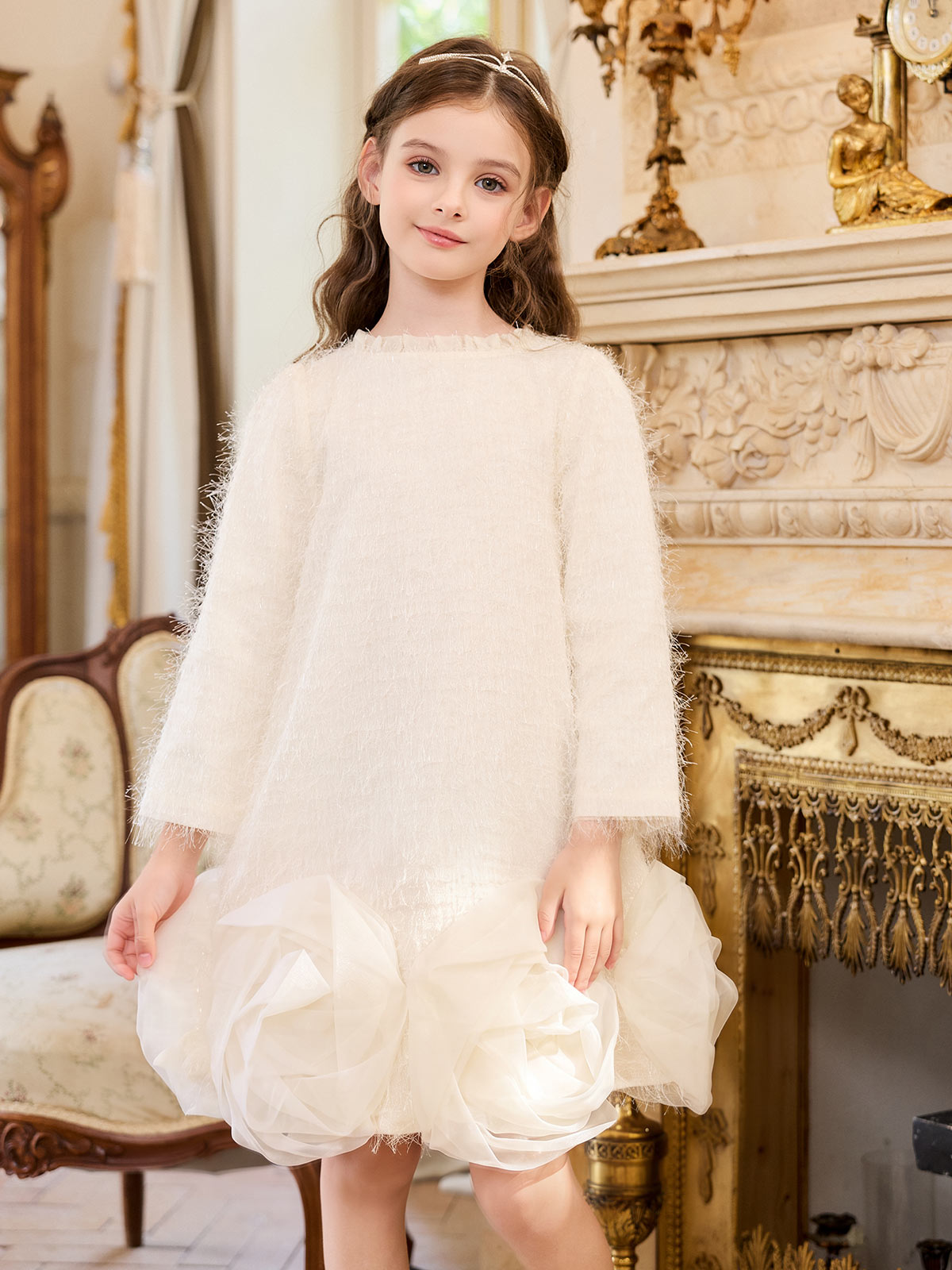 Seated model view of the Ivory Plush Bloom Dress
