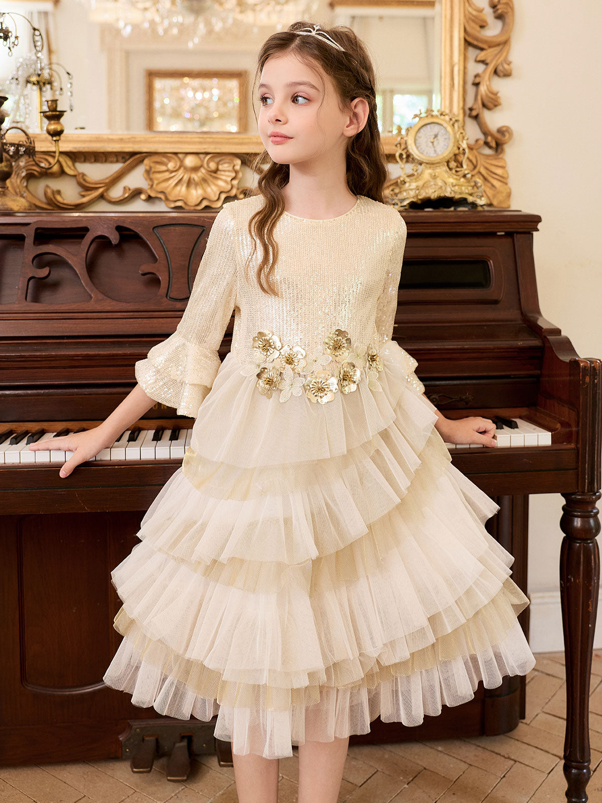 Side styling view of the Champagne Sparkle Floral Tier Dress