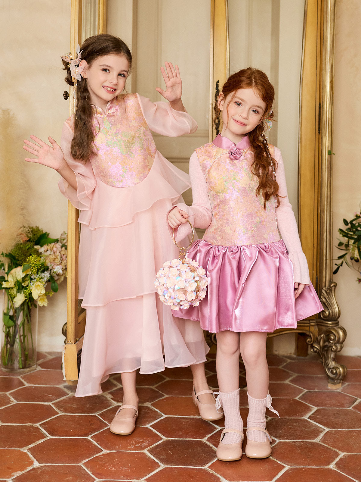 Full-length model view of the Lavender Peony Brocade Dress