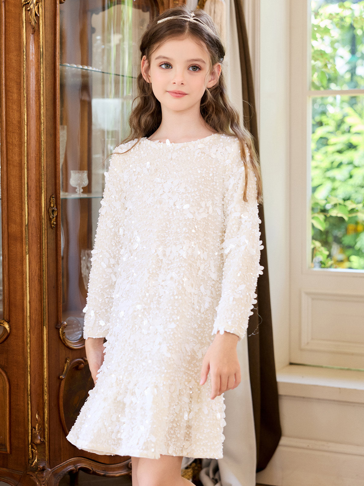 Front portrait of the Ivory Sequin Flounce Dress
