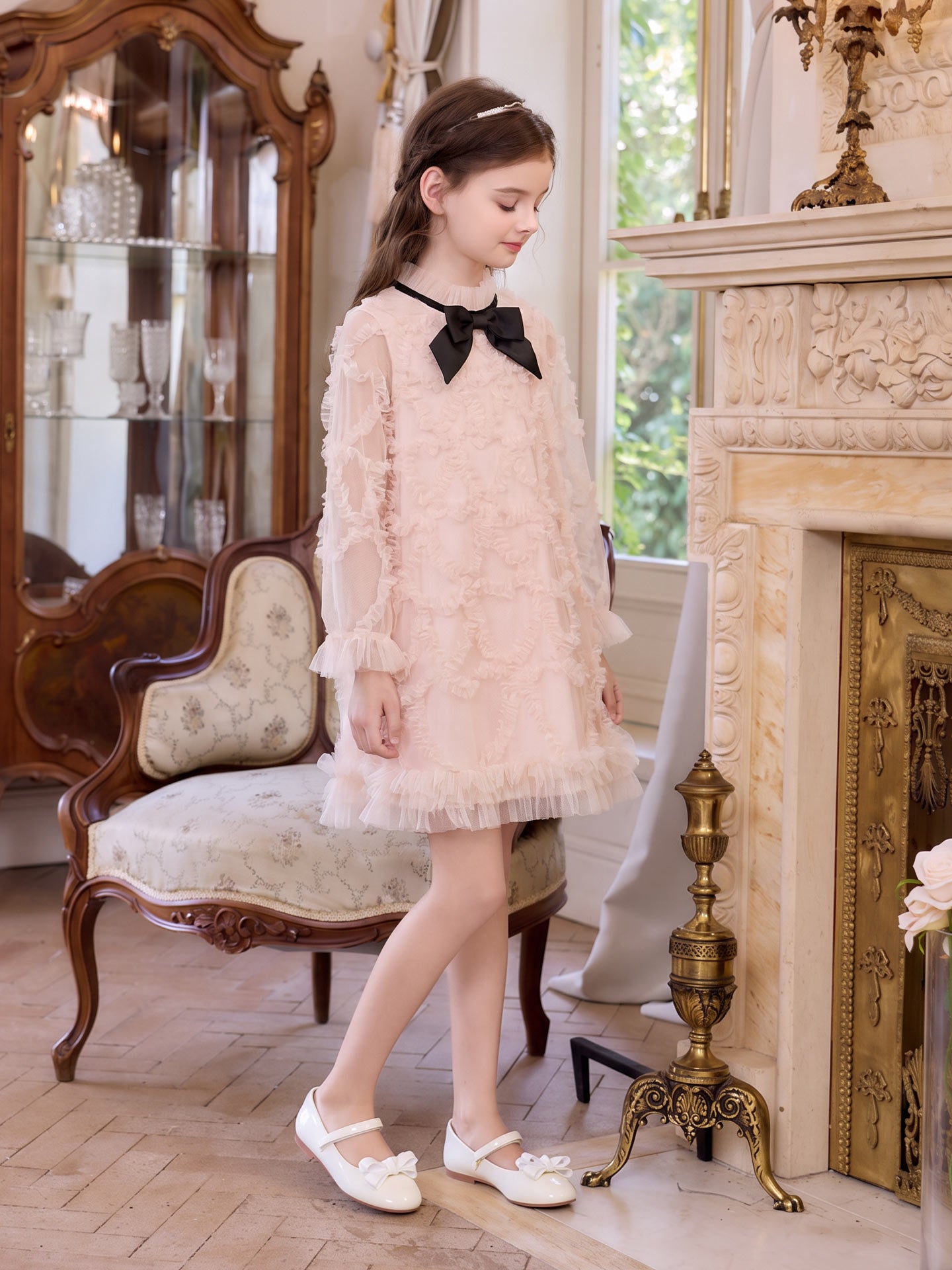 Side view of the Blush Velvet Bow Tulle Dress