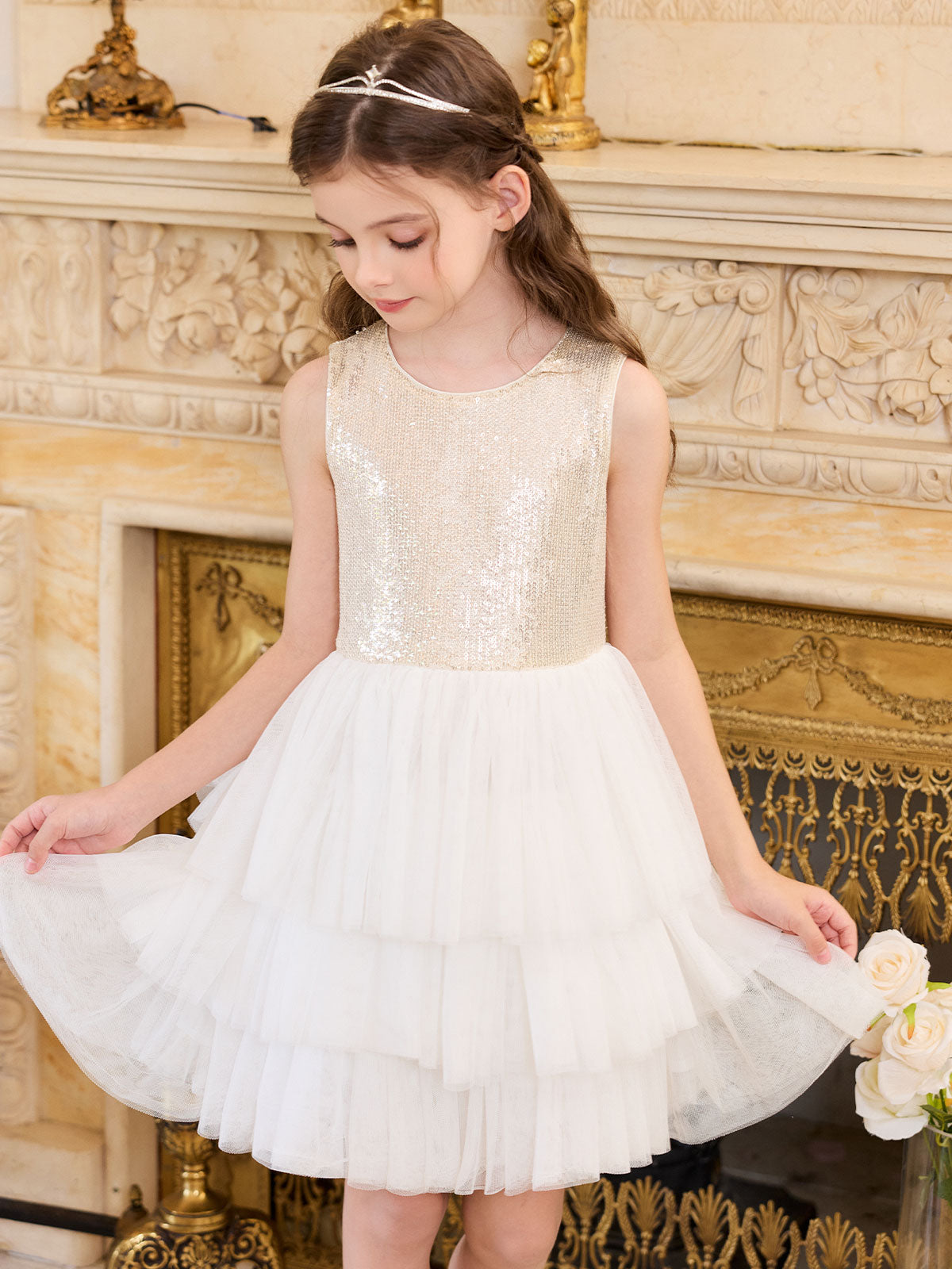 Movement view of the layered ivory tulle skirt