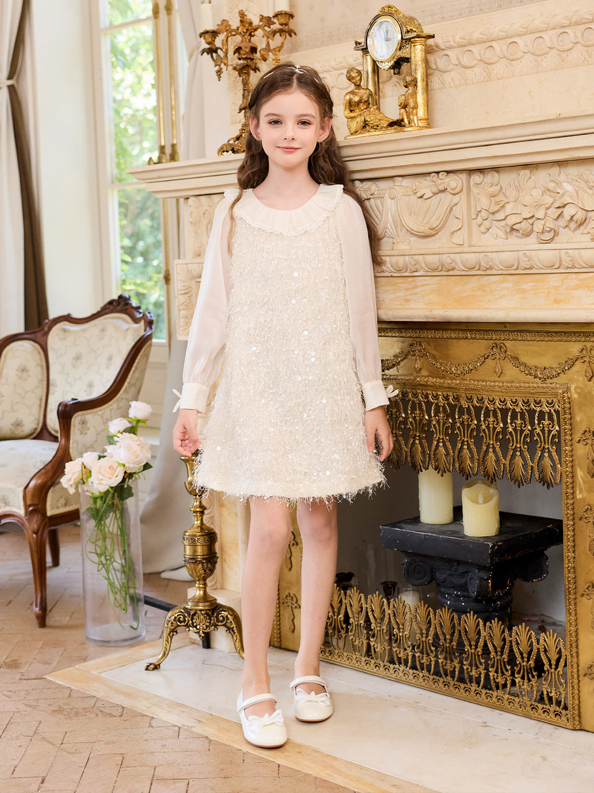 Side view of the Ivory Fringe Glow Dress