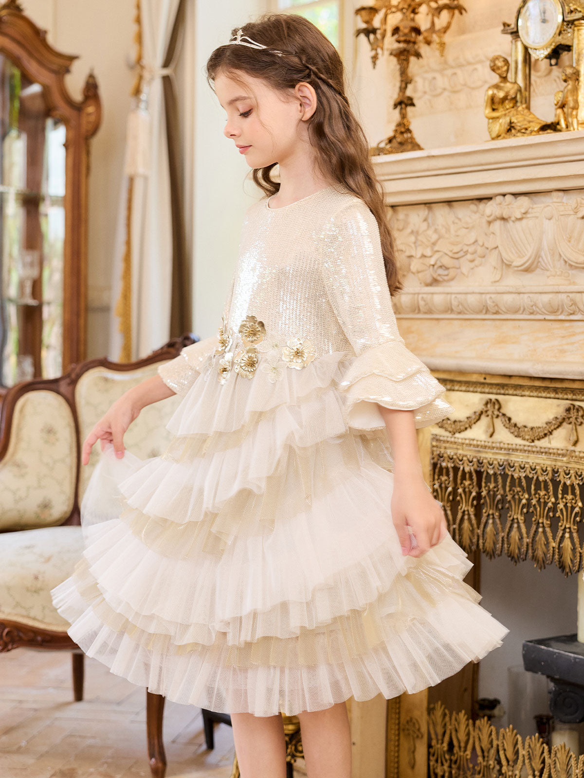 Movement view of the champagne tiered tulle skirt