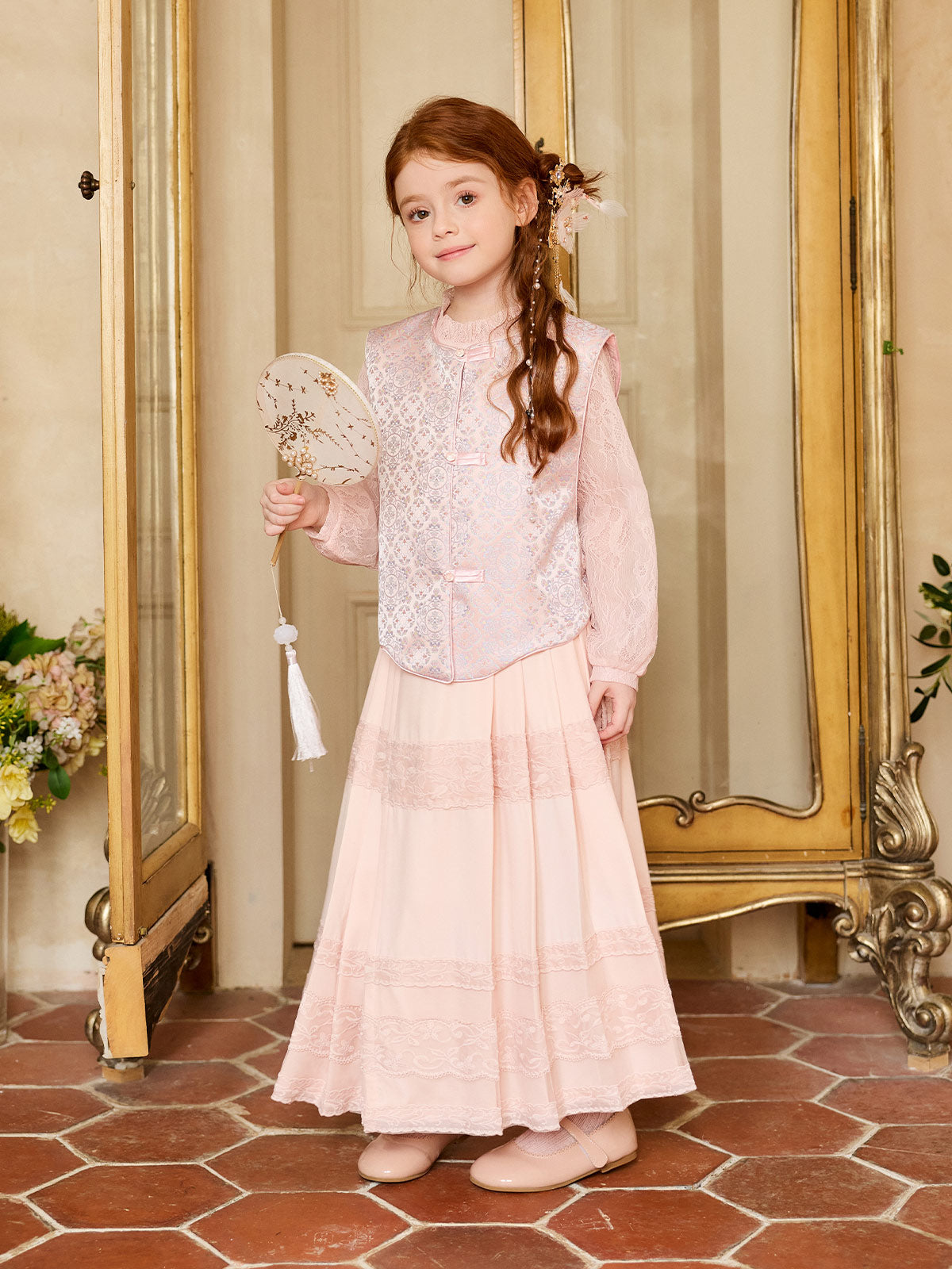 Front occasion styling view of the Blush Brocade Lace Three-Piece Set