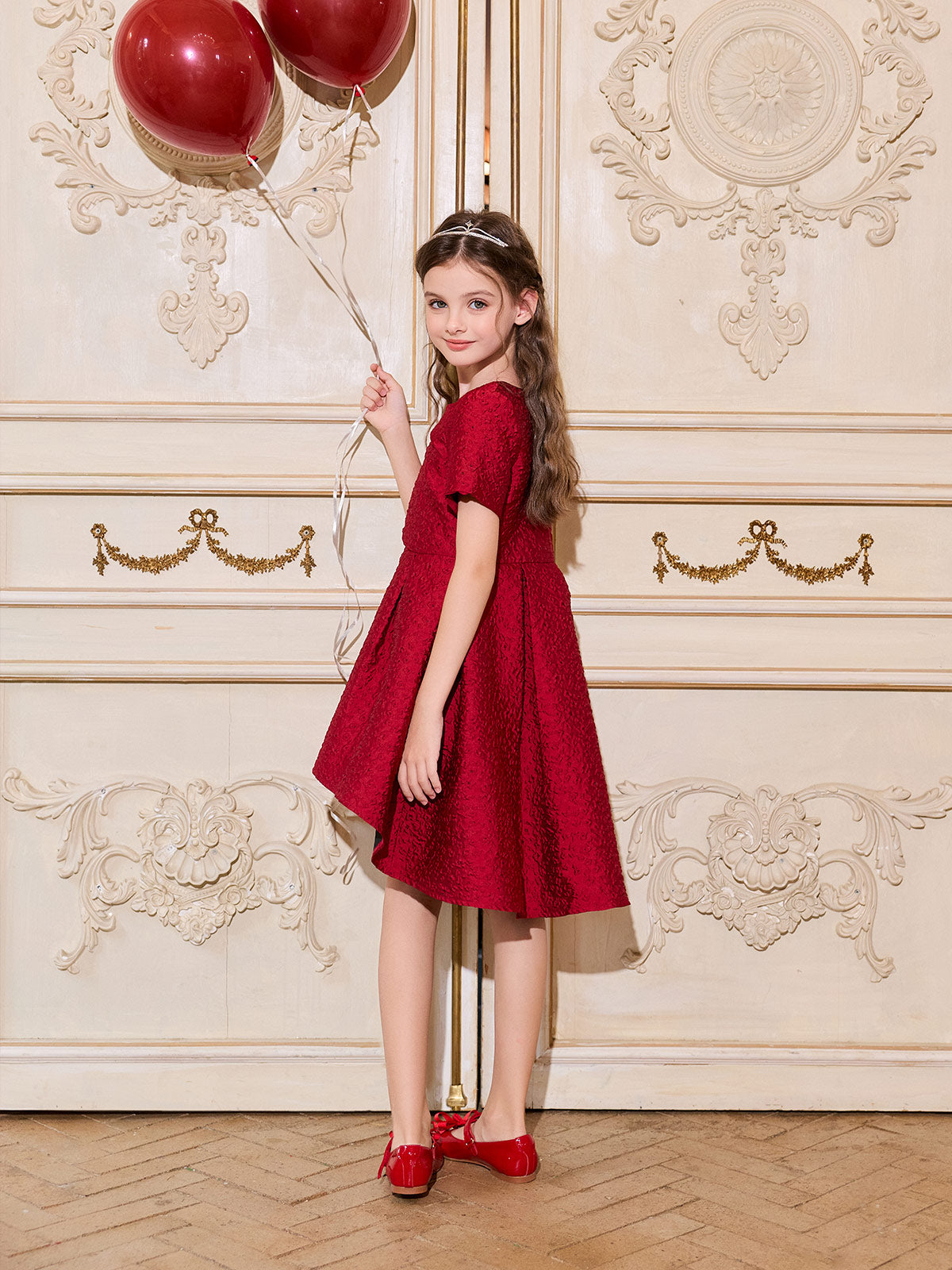 Side view of the Scarlet Jacquard Bow High-Low Dress