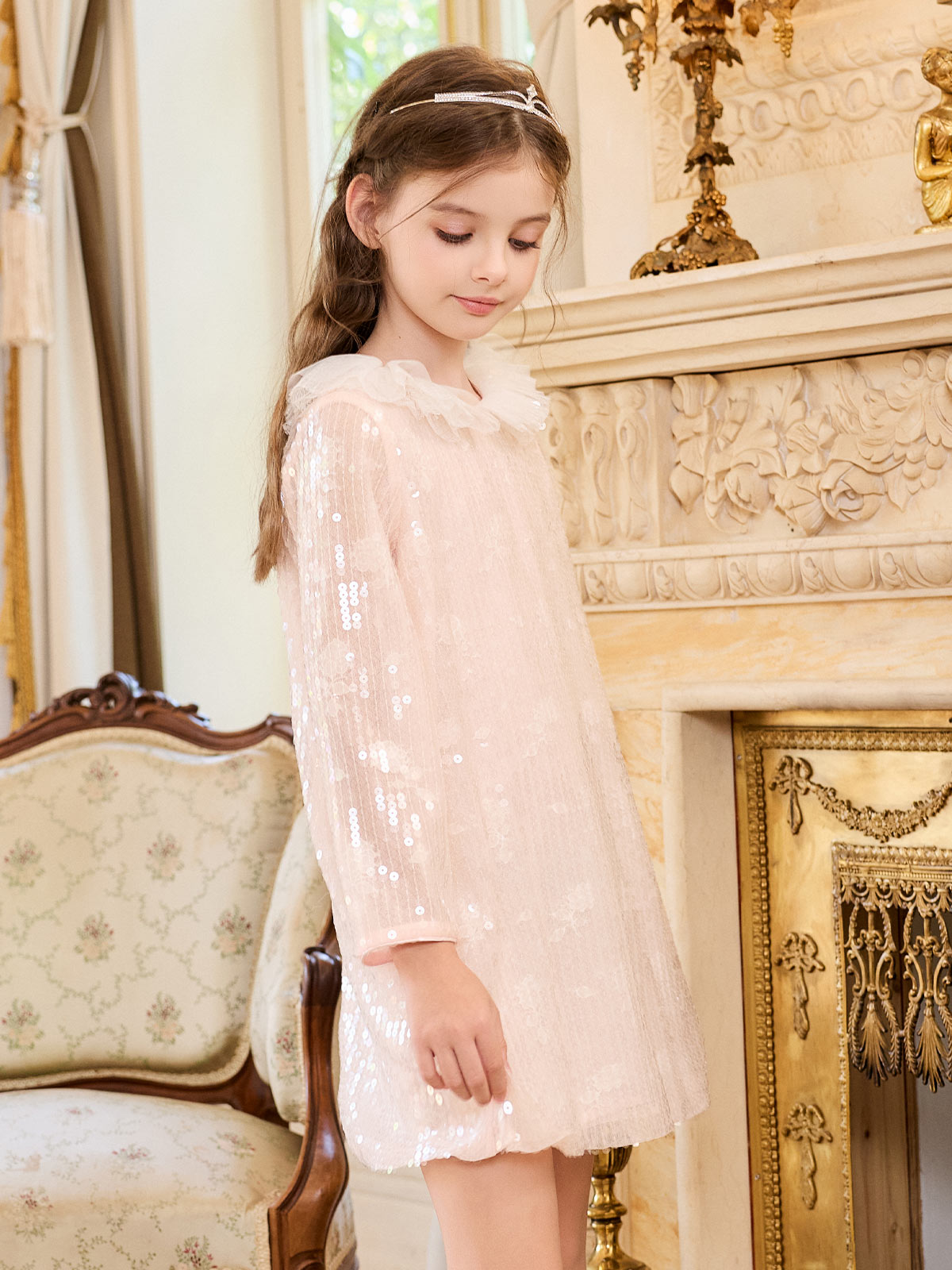 Close model view of the Blush Lace Glow Shift Dress