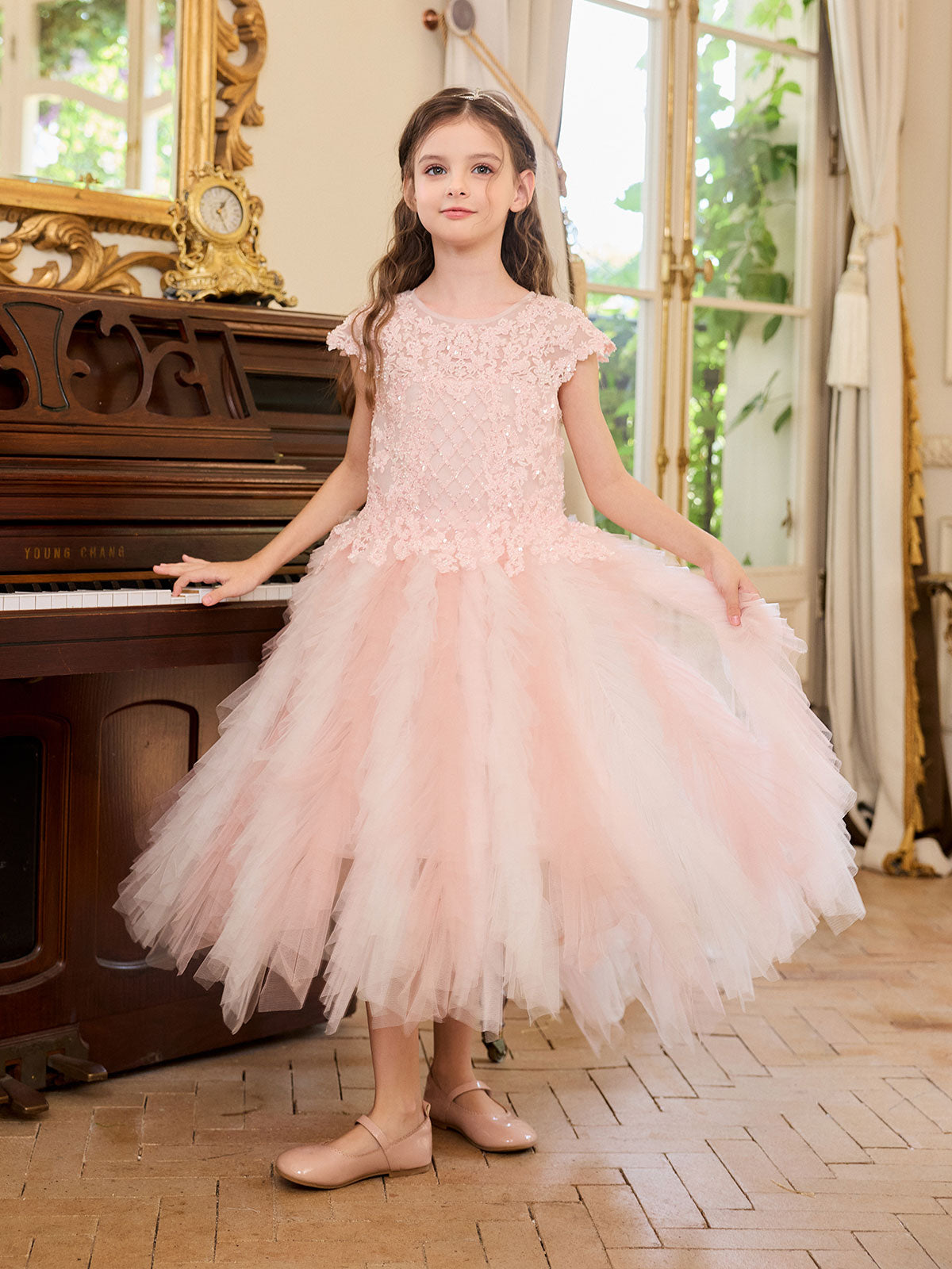 Sleeveless occasion portrait in the Blush Beaded Cascade Tulle Gown