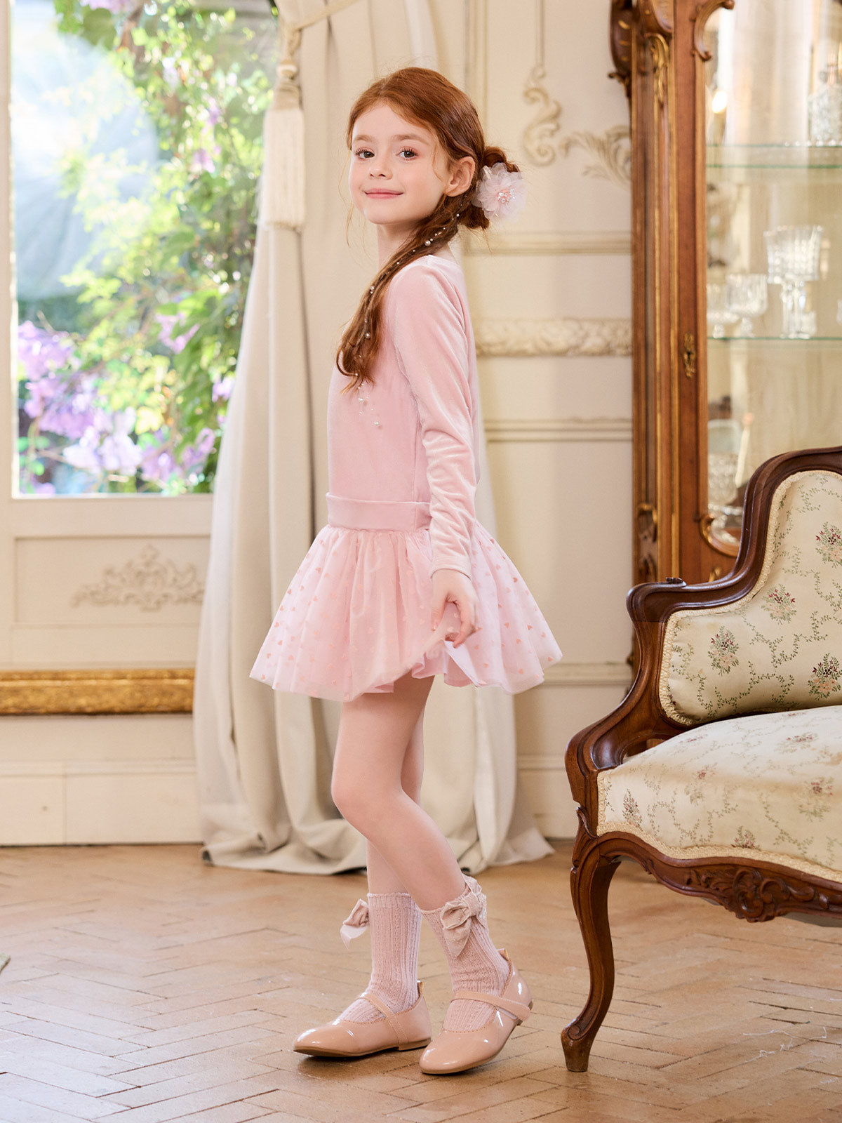 Side view of the Blush Velvet Heart Tulle Dress