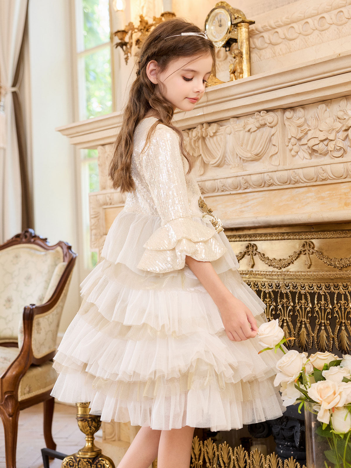 Occasion portrait featuring the Champagne Sparkle Floral Tier Dress