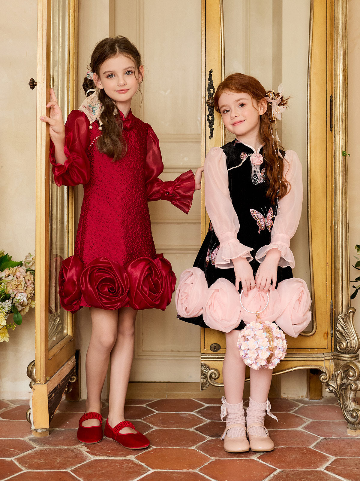 Paired portrait view featuring the Scarlet Rose Jacquard Dress