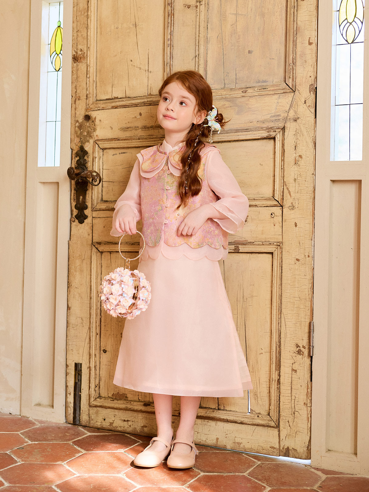 Full-length model view of the Blush Blossom Brocade Vest Set