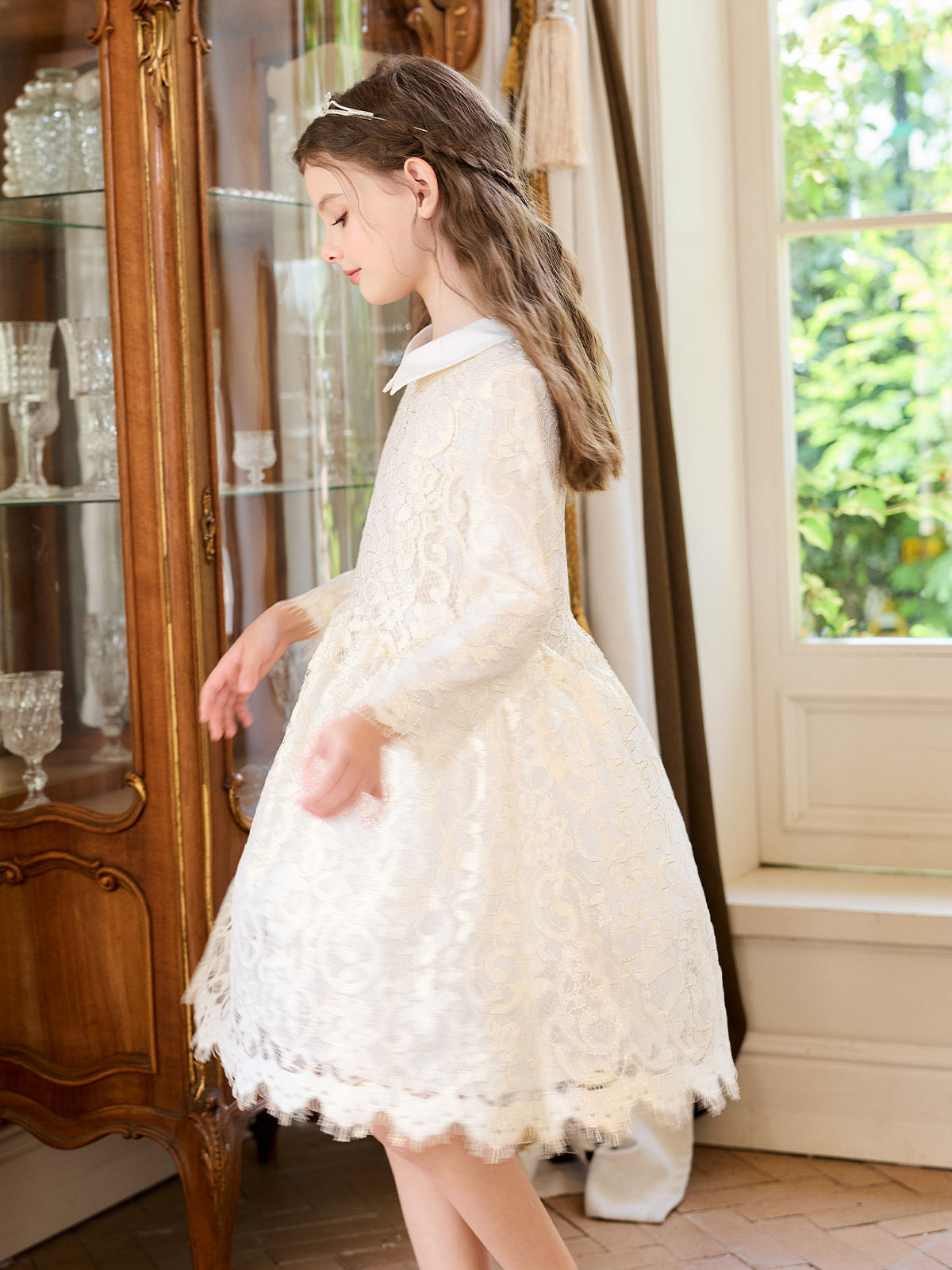 Close model view of the Ivory Gilt Lace Collar Dress