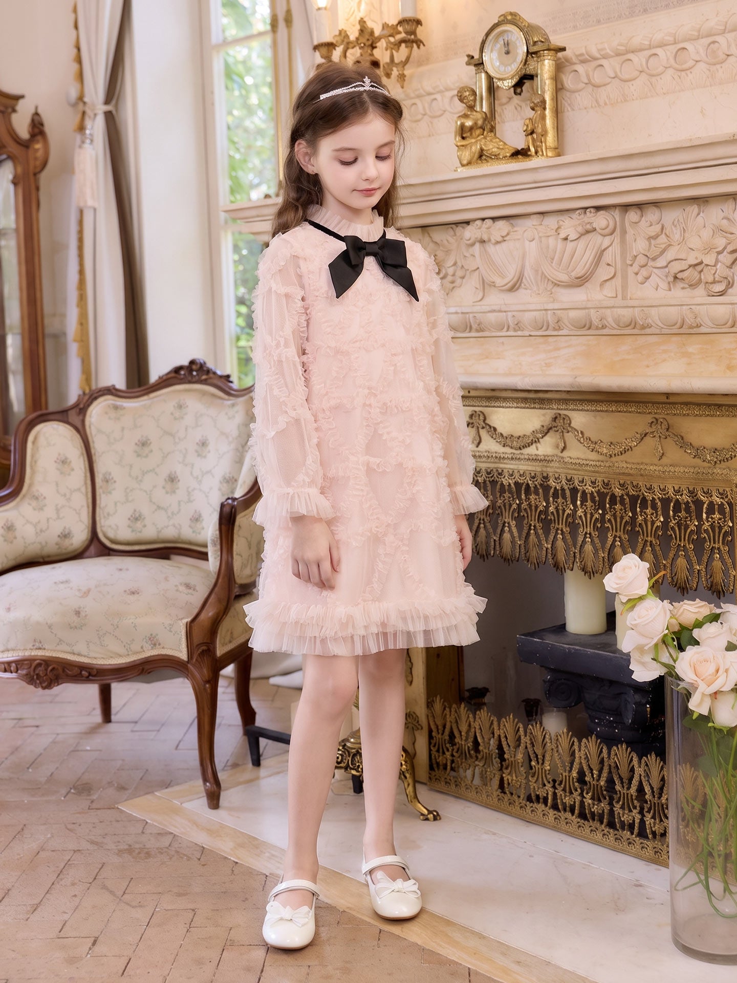 Close model view of the Blush Velvet Bow Tulle Dress