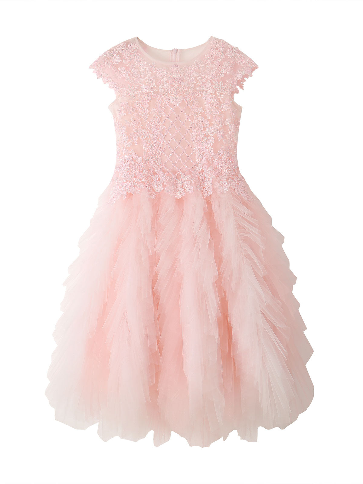 Front product view of the sleeveless Blush Beaded Cascade Tulle Gown