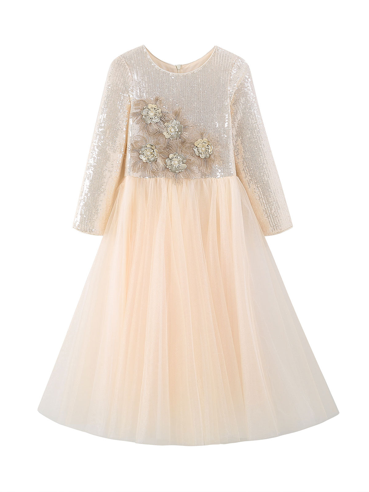 Front product view of the Champagne Feather Bloom Tulle Dress