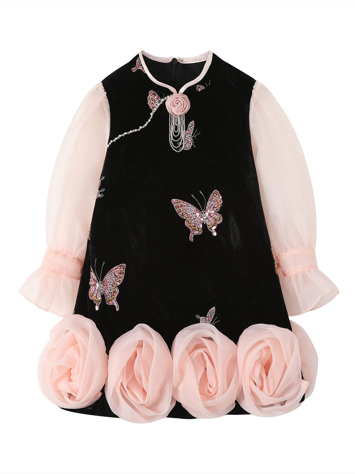 Front product view of the Black Velvet Butterfly Rose Dress