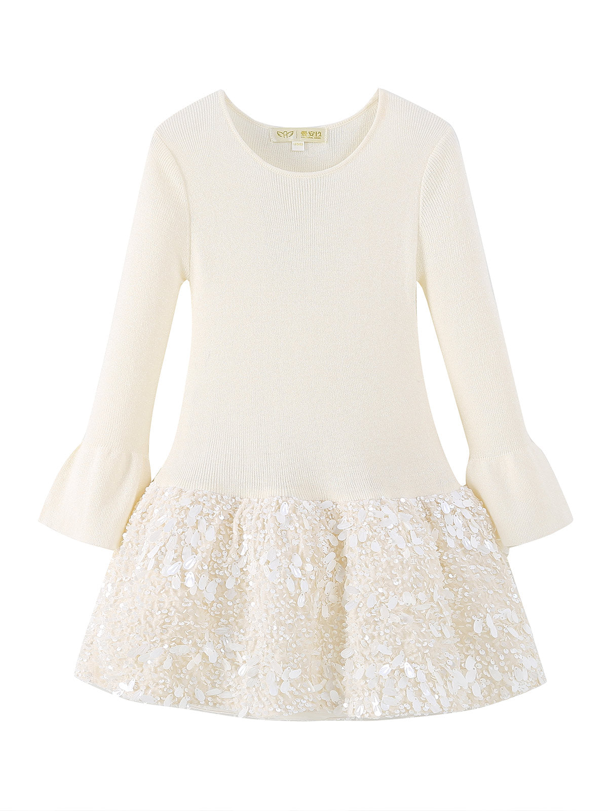 Front product view of the Cream Knit Sequin Hem Dress