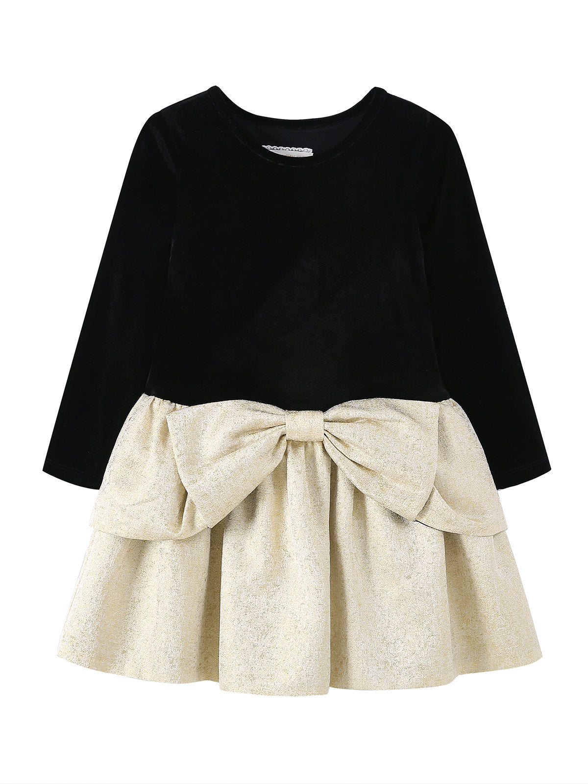 Front product view of the Black Velvet Gold Bow Dress