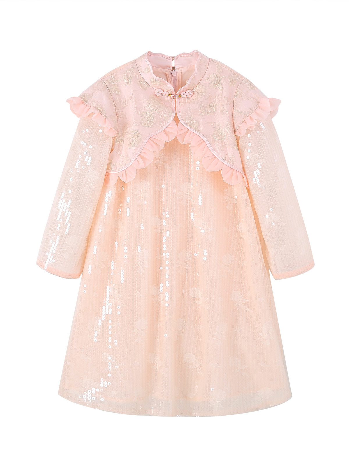 Front product view of the Blush Sparkle Lotus Cape Dress