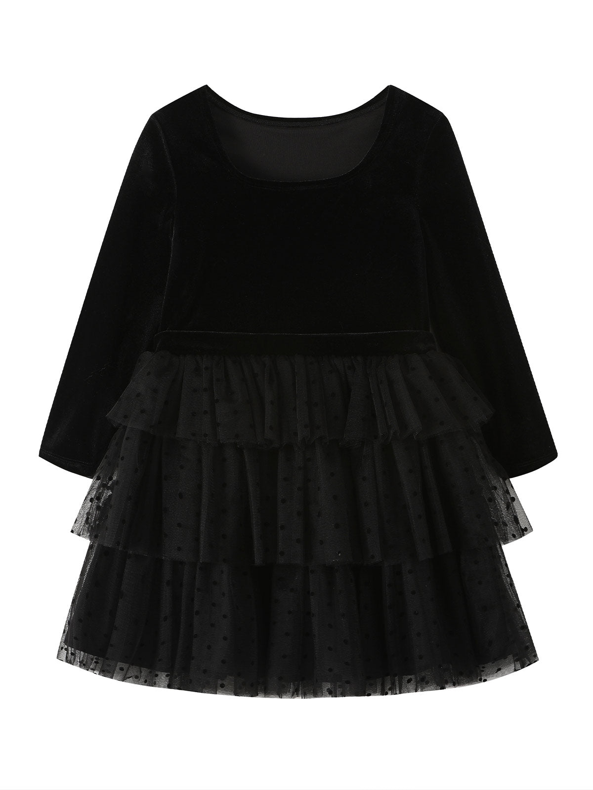 Front product view of the Black Velvet Polka Dot Tier Dress