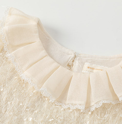 Pleated Lace-Trim Collar detail on the Ivory Fringe Glow Dress