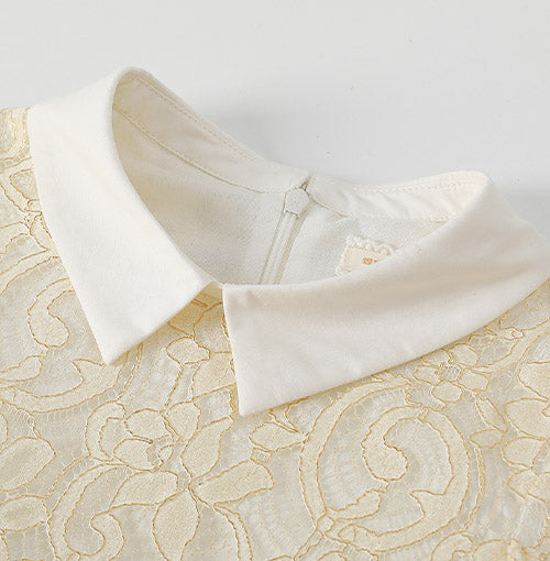 Crisp White Collar detail on the Ivory Gilt Lace Collar Dress