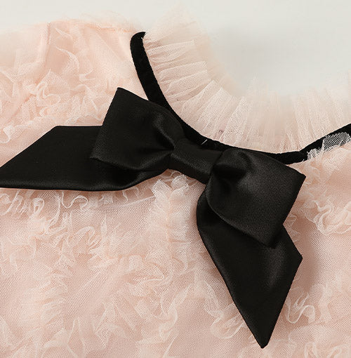Dimensional Ruffled Tulle detail on the Blush Velvet Bow Tulle Dress