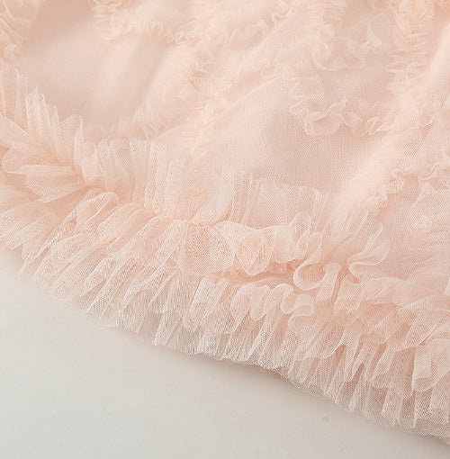 Layered Tulle Ruffle detail on the Blush Velvet Bow Tulle Dress
