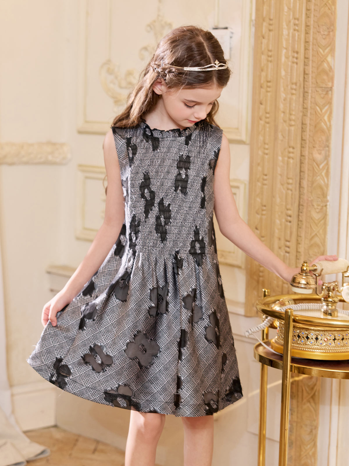 Noir Blossom Smocked Plaid Dress