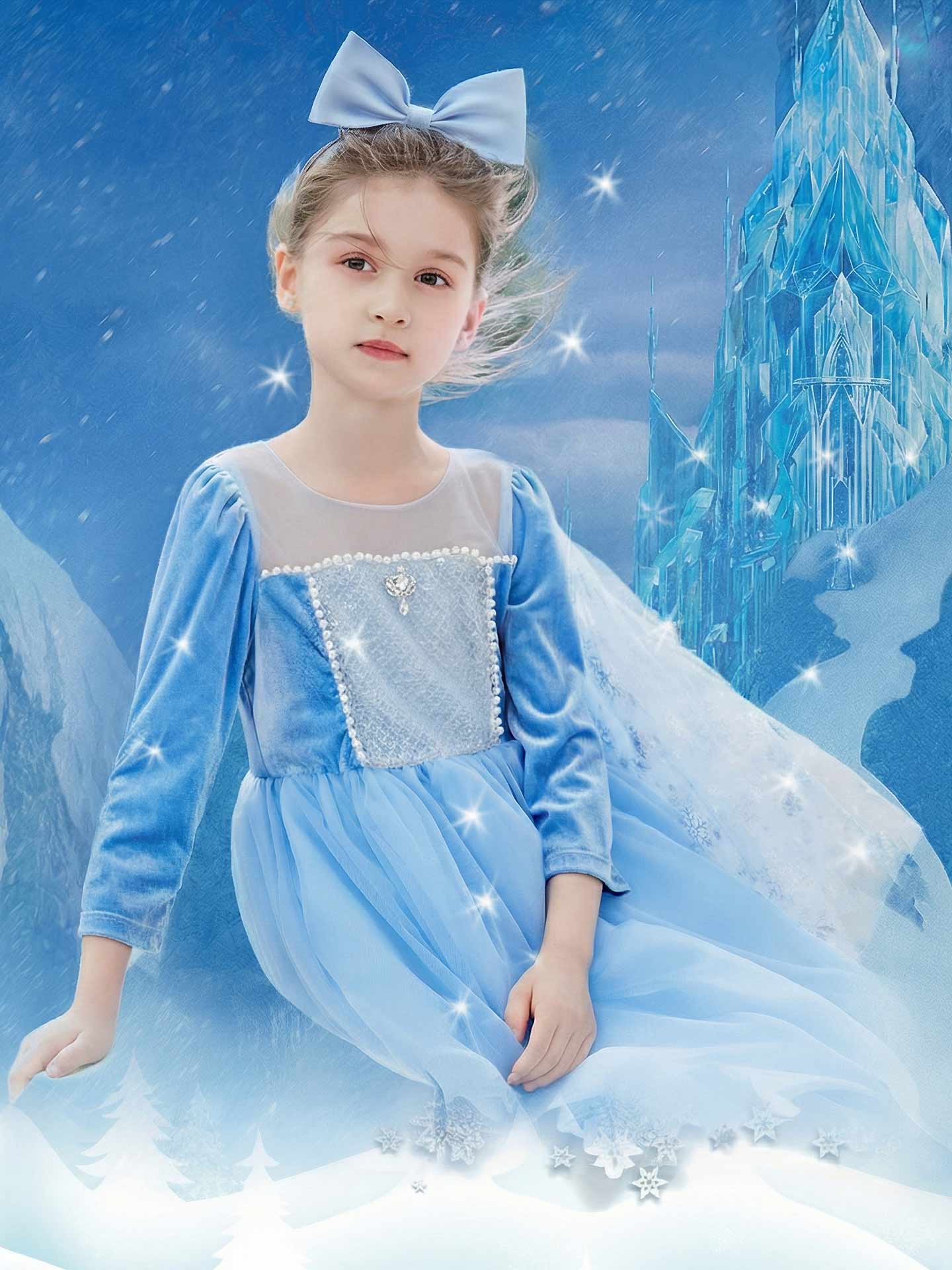 Girls' Winter Princess Dress with Snowflake Cape