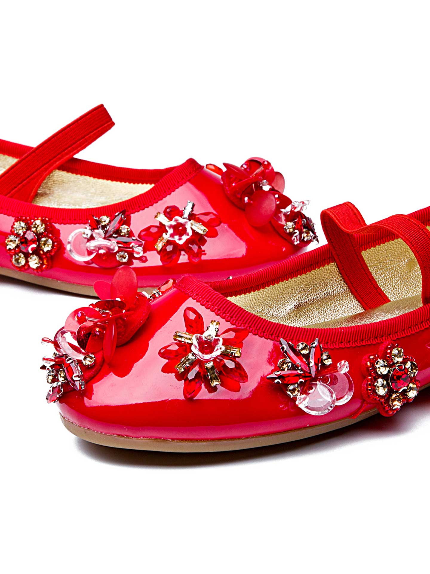 Girls' Red Leather Mary Janes with Hand-Stitched Gems