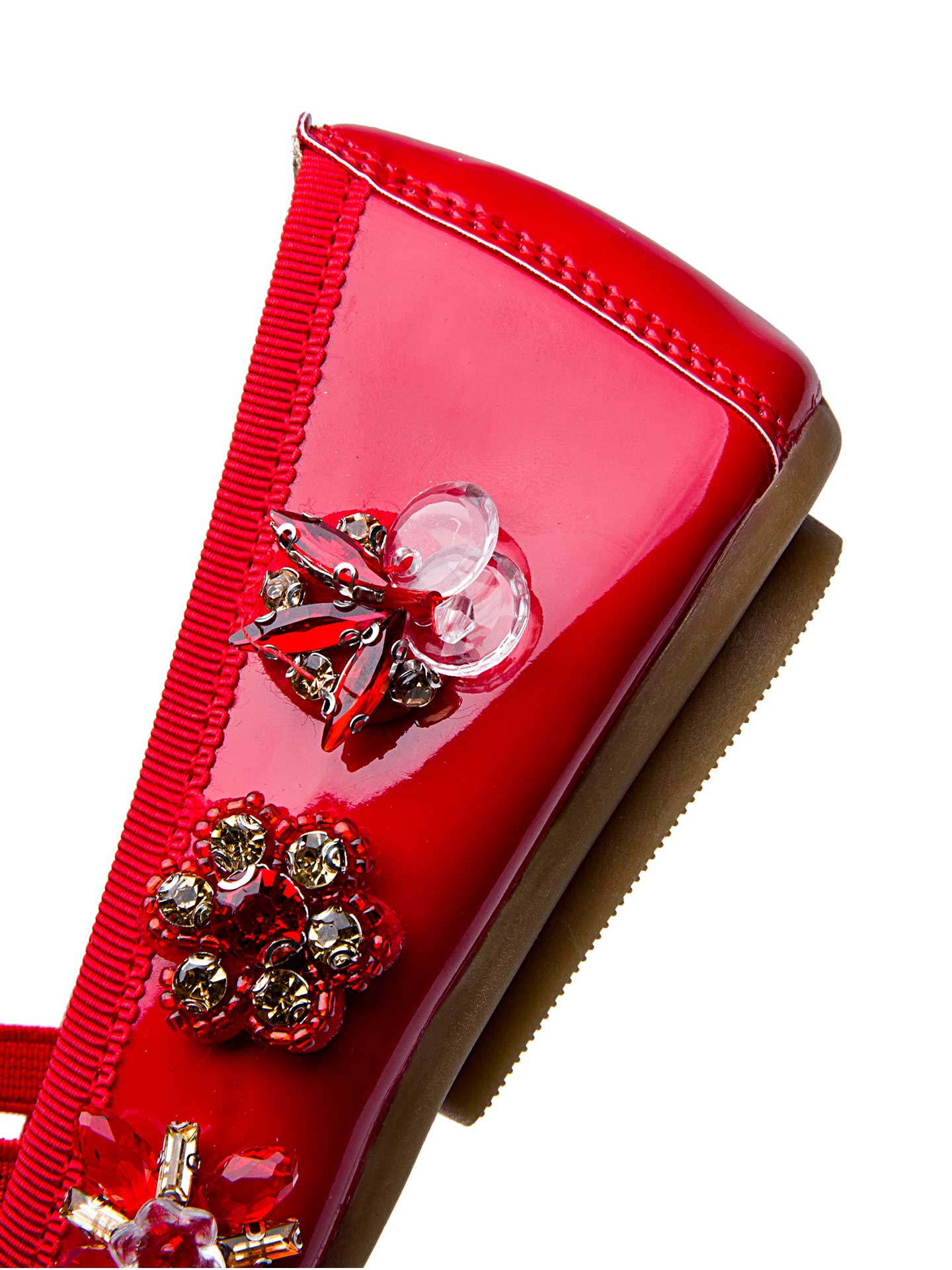 Girls' Red Leather Mary Janes with Hand-Stitched Gems